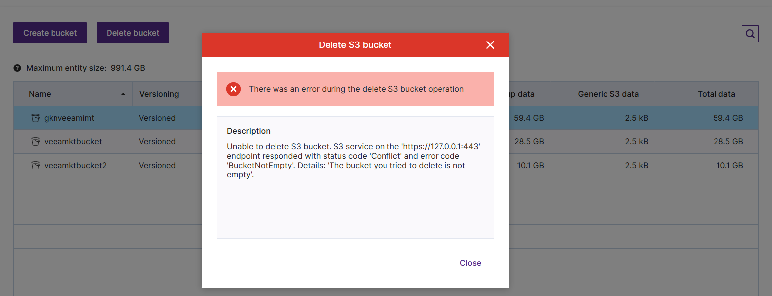 OOTBI Bucket Delete Error